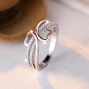 Rose Gold Moissanite Double Heart Ring, White Zircon Infinity Wedding Band, Romantic Engagement or Bridal Gift for Her