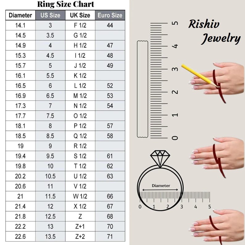 May include: Ring size chart with diameter, US, UK, and Euro sizes. Includes a diagram for measuring ring size using a ruler and a ring. The chart lists sizes from 3 to 13.5 US, F 1/2 to Z+2 UK, and 44 to 71 Euro.