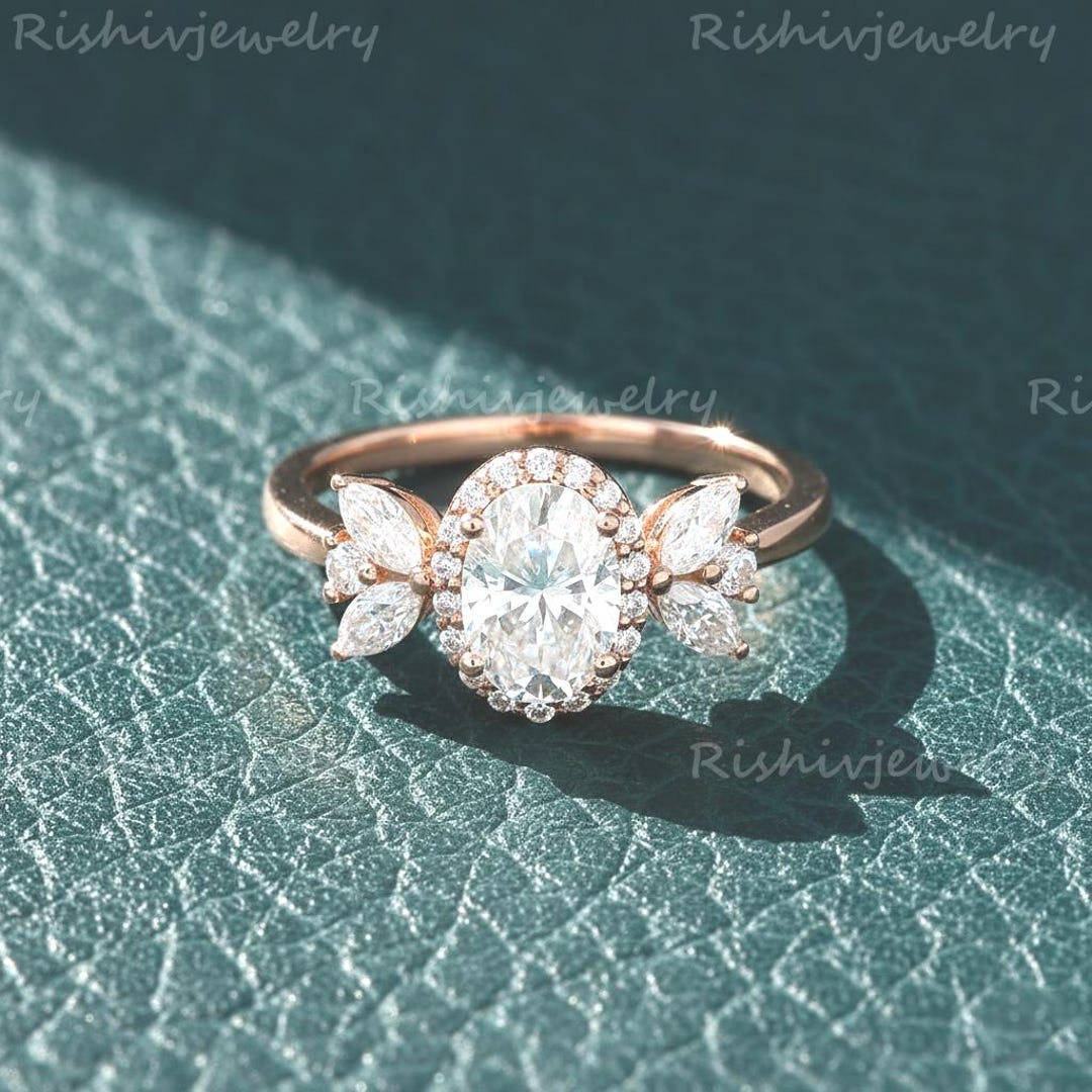 Diamond Look Rings Oval Cut Moissanite Diamond Look Ring With Marquise Side Stones, Halo ...