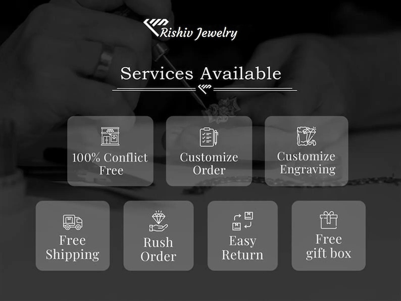 May include: Black and white image with the text "Rishiv Jewelry Services Available." The image includes icons and text for services such as "100% Conflict Free," "Customize Order," and "Customize Engraving."