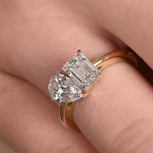 Toi Et Moi Ring Pear & Emerald Cut Moissanite Two Stone 14K Gold Engagement Ring, Unique Diamond Ring for Women Gift