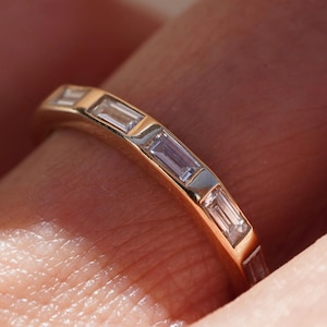 Baguette Cut Moissanite Diamond Wedding Band, Yellow Gold Thin Minimalist Ring, Half Eternity Stacking Ring for Bride Gift
