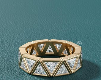 Triangle Diamond Eternity Band 14k Gold, Unique Bezel Diamond Ring, Elegant Wedding Band, Perfect Engagement Gift