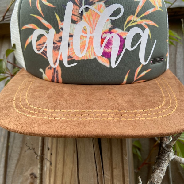 Hawaiian Roxy “Aloha” Trucker SnapBack Style Hat in Sage Green, Florals, and White Lettering / Handmade Cap