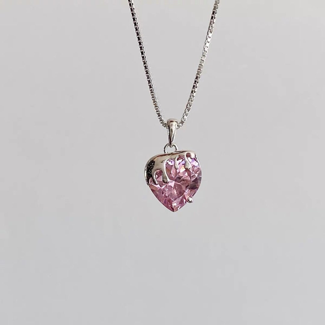 Pink Heart Necklace Sterling Silver Necklace Pink CZ Diamond Etsy