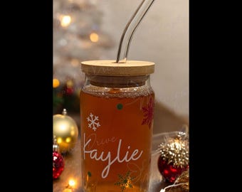 Vaso de copo de nieve con tapa de bambú y pajita de vidrio de 16 oz