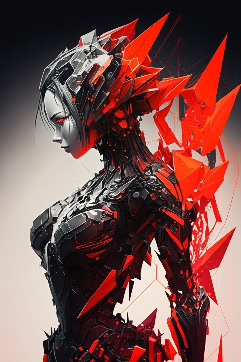 Lexica - Digital cyberpunk anime character concept art, gorgeous anime girl  symmetrical face, small female android cyborg - angel, glowing red left e