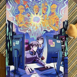 May include: A colourful digital art print with a futuristic theme. The artwork shows a group of people interacting with a glowing brain, with the word "upload" at the top. Below, a person is at a computer with the text "Am I Alive?" on the monitor.