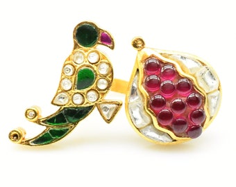 Kundan Red White Parrot royal Ring 92.5% Sterling Silver Ring wear with any outfit Unique Ring Genuine Ring Gift for Her Anniversary Gift