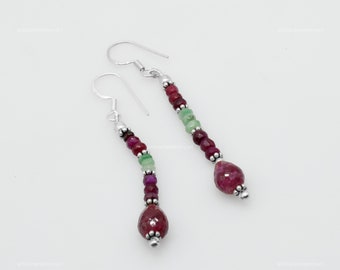 Boucles d'oreilles en rubis 100 % véritable, Boucles d'oreilles en pierres précieuses, Boucles d'oreilles pendantes et pendantes rouges, Bijoux en argent sterling 925, Cadeau d'anniversaire, Boucles d'oreilles pour elle