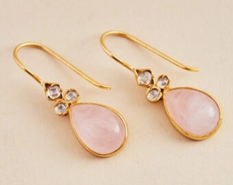 Brinco de pedra preciosa de quartzo rosa natural e zircônia 92.5% brinco de prata esterlina brinco genuíno presente de aniversário brinco de pedra de aniversário