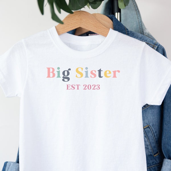 T-Shirt „Große Schwester“ Est. 2023, Baby-Ankündigungsshirt, Geschenk für große Schwester, neue große Schwester, T-Shirt „Werde eine große Schwester sein“, Schwangerschaftsanzeige