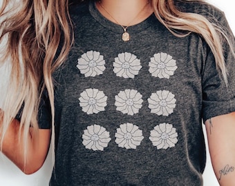 Camiseta de flores boho, camiseta gráfica inspirada en la vendimia, camisa de mujer boho, camiseta floral de flores silvestres, feliz flor Sirt, camisa hippy, camiseta hippy