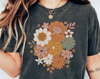 Camiseta con estampado gráfico de colores cómodos de inspiración Vintage bohemia de flores silvestres para mujer, camiseta con estampado Floral botánico, camiseta Vibes de los años 70