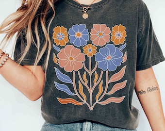 Wildblumen Tshirt, Retro Blumen Design Shirt, Boho Wildblumen Tee, botanisches Vintage Blumen T-Shirt, Hippie Blumen Shirt für Frauen