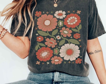 Koszulka z nadrukiem Daisy, Koszulka z dzikimi kwiatami, Koszulka z nadrukiem Daisy, Koszulka botaniczna, Koszulka z kwiatami na prezent dla kobiet, Koszulka z kwiatami Boho, Koszulka z kwiatami retro
