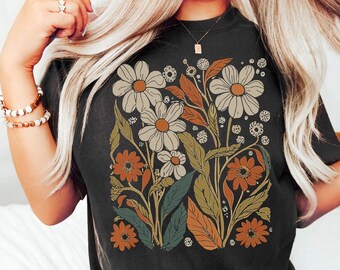 Comfort Color Flower Boho Vintage Inspirado Unisex Wildflowers Camiseta Botánica Camiseta Gráfica