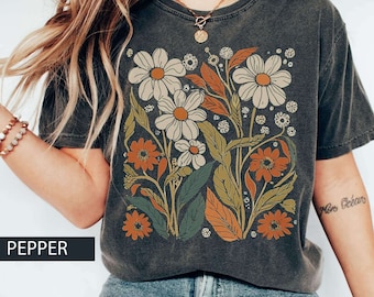 Camiseta de inspiración vintage con flores silvestres estilo boho, camiseta retro con estampado gráfico de flores, camiseta Art Nouveau con flores silvestres, camiseta botánica boho con flores