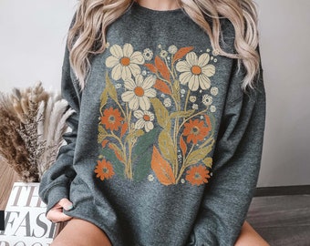 Boho Flowers Vintage Look Sweatshirt, Wildflower Retro Graphic Sweat, Feel Good Jumper Oversized Unisex Sweatshirts, Flowers Sweater