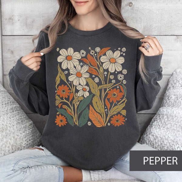 Boho Blumen-Sweatshirt Unisex Wildblumen Pullover Frauen Floral Minimalist Pullover Blumen-Print Sweatshirt Frau Geschenk übergroße Blume Shirt