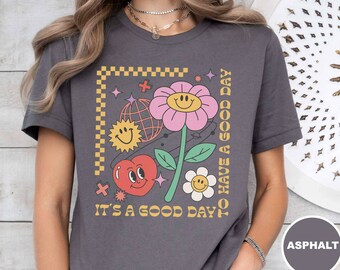 Koszulka Good Vibes, koszulka z grafiką w stylu retro z lat 70. z nutą vintage, inspirujący cytat o zdrowiu psychicznym, zabawny komiksowy nadruk poprawiający nastrój, prezent na szczęśliwe wibracje