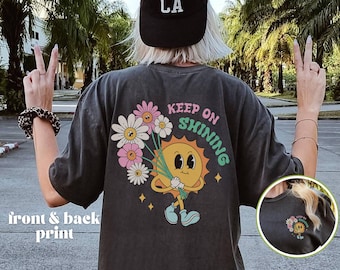 Keep on Shining Retro Cartoon T-Shirt, 1970er Jahre Vintage Comic Print T-Shirt, übergroßes Boho Festival Top, Komfort Farbe Sommer Taschen T-Shirt