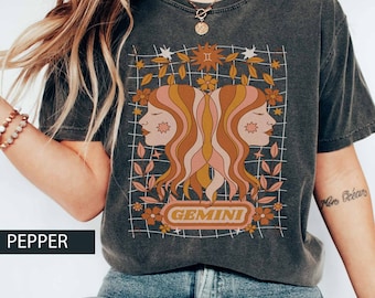 Géminis Star Sign Vintage Retro Zodiac Inspirado Comfort Color Horóscopo Camiseta 70's Boho Print Camiseta extragrande