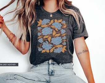 Rose tshirt, Floral Rose shirt, botanische T-shirt, bloem grafische shirt, Boho Womens bloemen shirt, blauwe rozen Tee, Wildflower shirt, Rose