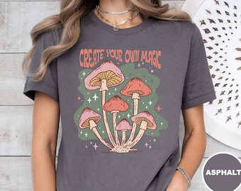 Camisa hippy de hongos, crea tu propia camiseta mágica de vibración positiva, flores de bondad, gráfico de hongos retro, camiseta de floración de los años 70, camiseta de hongos divertidos y felices