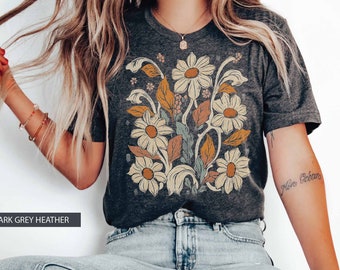 Vildbloms-T-shirt med vintageinspirerade blommor, Boho retro grafisk T-shirt med botaniska blommor, Art Deco Nouveau blommig T-shirt, Cottagecore-T-shirt
