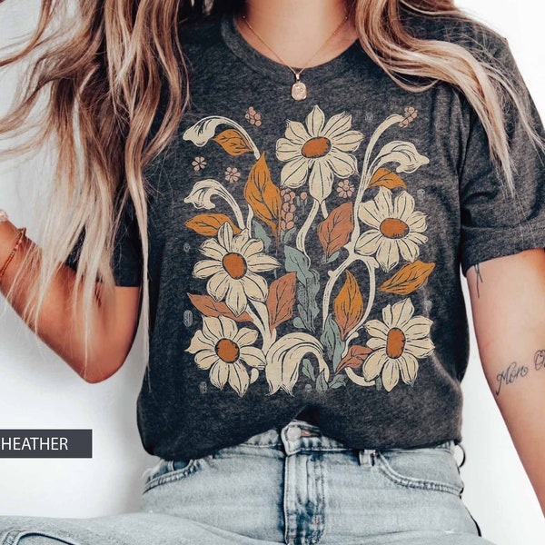 Wildblumen TShirt mit Vintage inspirierten Blumen, Boho Retro Grafik T-Shirt von botanischen Blumen, Art-Deco-Blumenhemd, Cottagecore T-Shirt