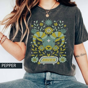 Aries Star Sign Vintage Retro Zodiac Inspired Comfort Color Horoscope Tshirt 70&#39;s Boho Print Oversized Tee