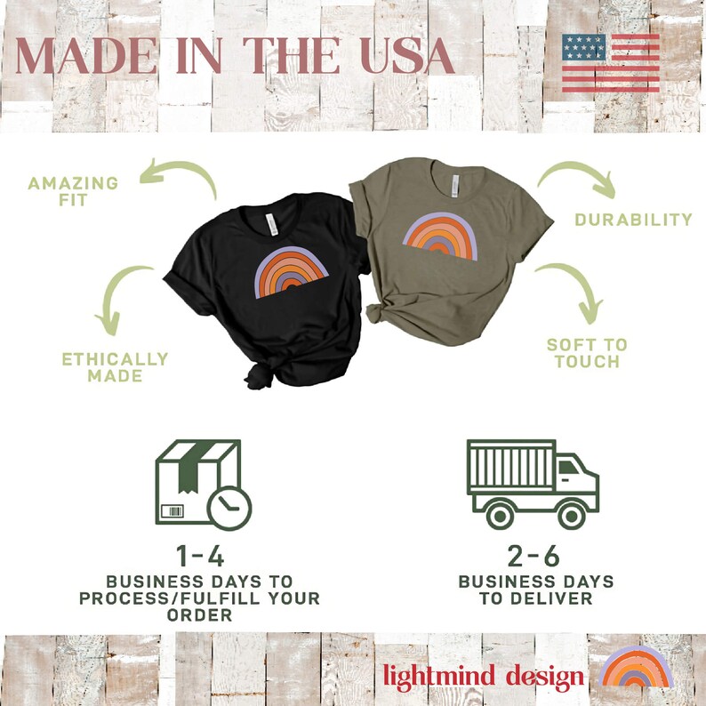May include: Two t-shirts with a rainbow graphic design. The t-shirts are black and olive green. The text "MADE IN THE USA" is at the top of the image. The text "lightmind design" is at the bottom of the image.