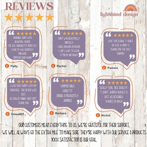 May include: A collage of customer reviews for a clothing shop. The reviews are positive and highlight the quality, fit, and comfort of the clothing. The reviews also mention the fast shipping and excellent customer service. The shop's name is lightmind design.