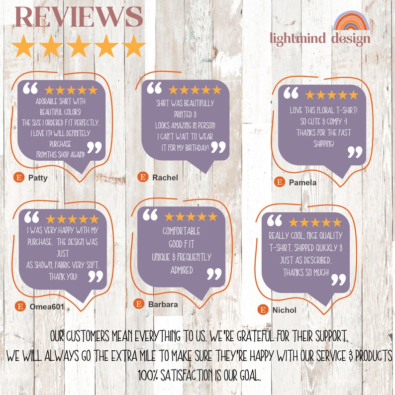 May include: A collage of customer reviews for a clothing shop. The reviews are positive and highlight the quality, fit, and comfort of the clothing. The reviews also mention the fast shipping and excellent customer service. The shop's name is lightmind design.