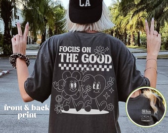 Camiseta de dibujos animados retro, enfoque en el buen día, camisa de color cómodo de gran tamaño de la década de 1970, top vintage Boho Comic Festival, camiseta de bolsillo Summer Feel Good