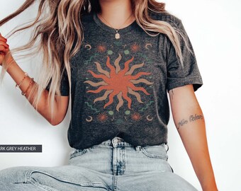Aztec Sun Vintage inspirado gráfico camiseta Boho estampado mujer camiseta celestial camiseta Vintage mamá camiseta