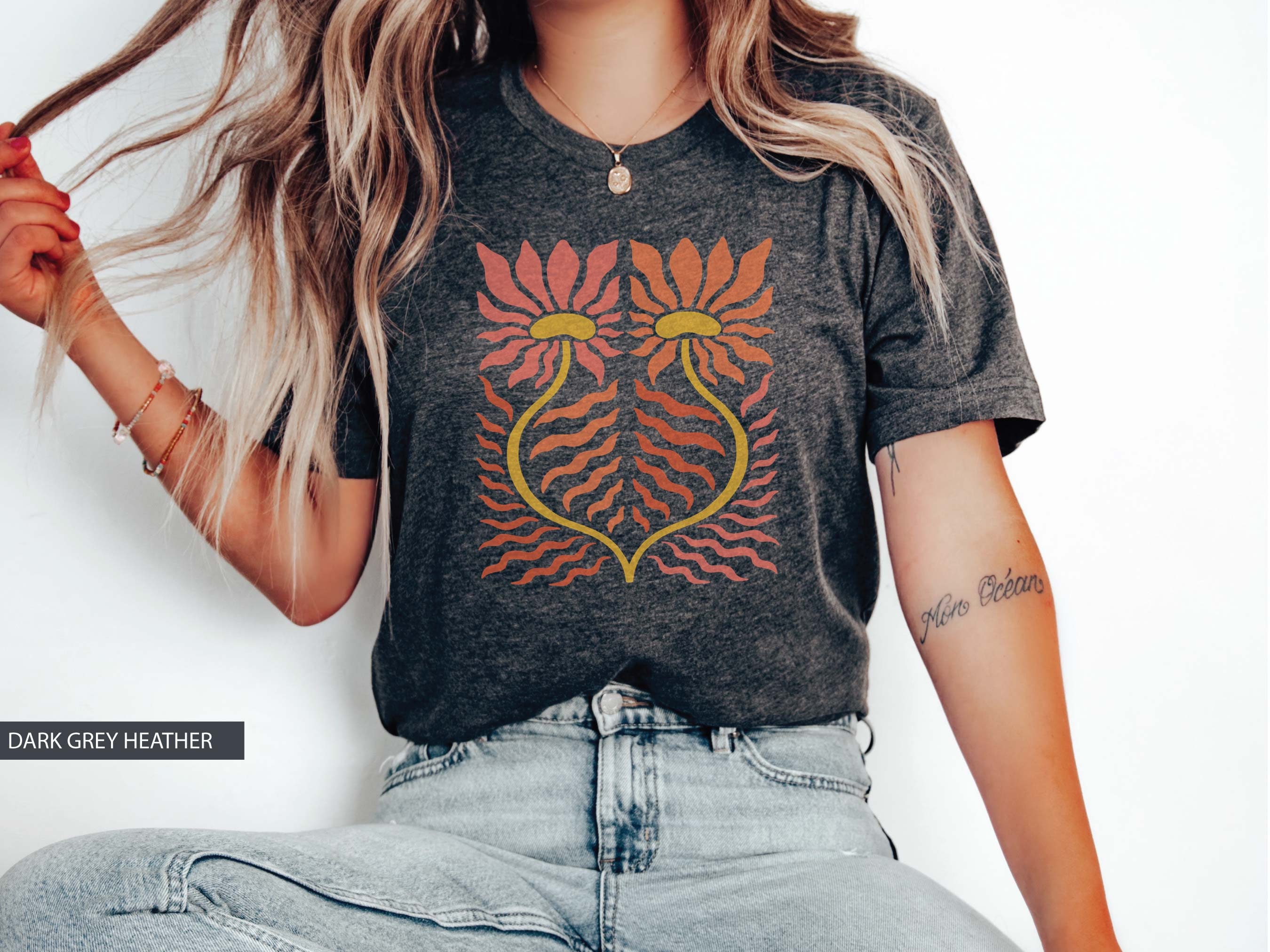 Women's Vintage Floral T-Shirt - Boho Sunflower Wildflowers Graphic Tee, Casual Short Sleeve Top | Small, Grey - View #2
