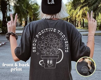 Koszulka Grow Positive Thoughts, koszulka Hippie Retro Graphic, Oversize Comfort Colors Front Back Tee Print, koszulka Boho 70s Fun Festival