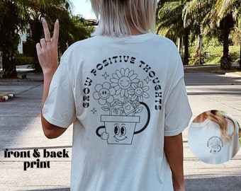 Koszulka Grow Positive Thoughts, przód i tył Retro T-shirt z nadrukiem, Hippie Summer Beach Tee, Oversized Positivity T-shirt, koszulka w stylu lat 70.