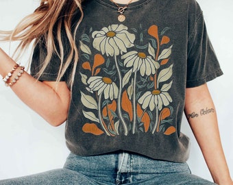Camiseta de flores silvestres, camiseta de margarita, camisa de flores retro, camiseta de flores silvestres de estilo art nouveau, camisa de flores boho botánicas, camisa hippie, camiseta hippy
