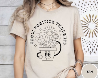 Camiseta Retro Vibes Positive Thoughts, camiseta gráfica de sensación vintage, camiseta cómica minimalista, cita motivacional, regalo de camisa con estampado blanco negro