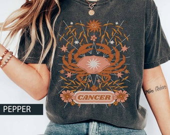 Cáncer Signo de la estrella Vintage Retro Zodiac Inspirado Comfort Color Horóscopo Camiseta 70's Boho Print Camiseta de gran tamaño