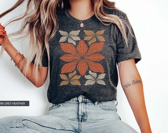 Camiseta gráfica de inspiración vintage de flores naranjas Camiseta de mujer con estampado bohemio Camiseta de flores silvestres Camiseta floral de mamá