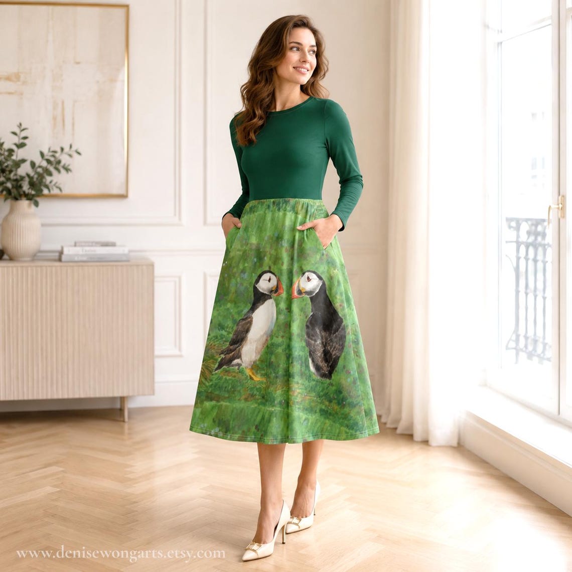 Two Atlantic Puffins Midi Dress on model