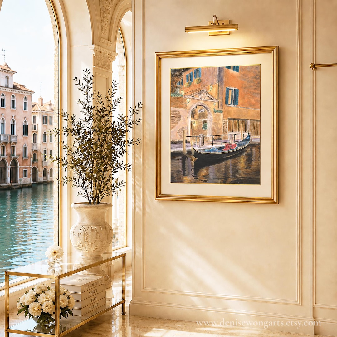 Venetian Corte del Salbion Canal Courtyard — limited edition watercolour print interior mockup, Denise Wong Arts