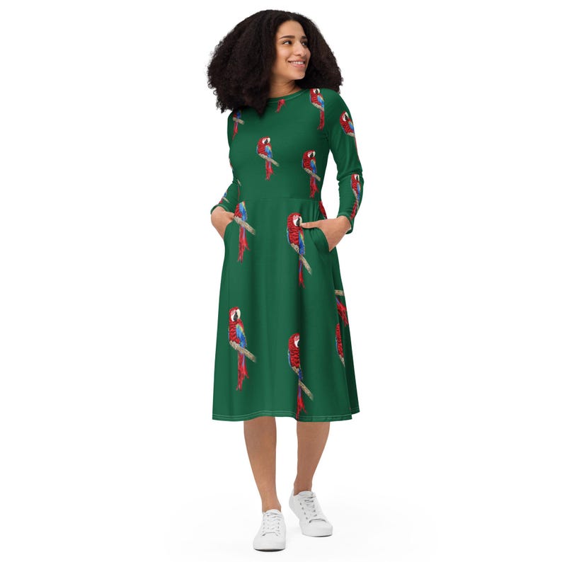 Scarlet Macaw Parrot Watercolour Print Midi Dress