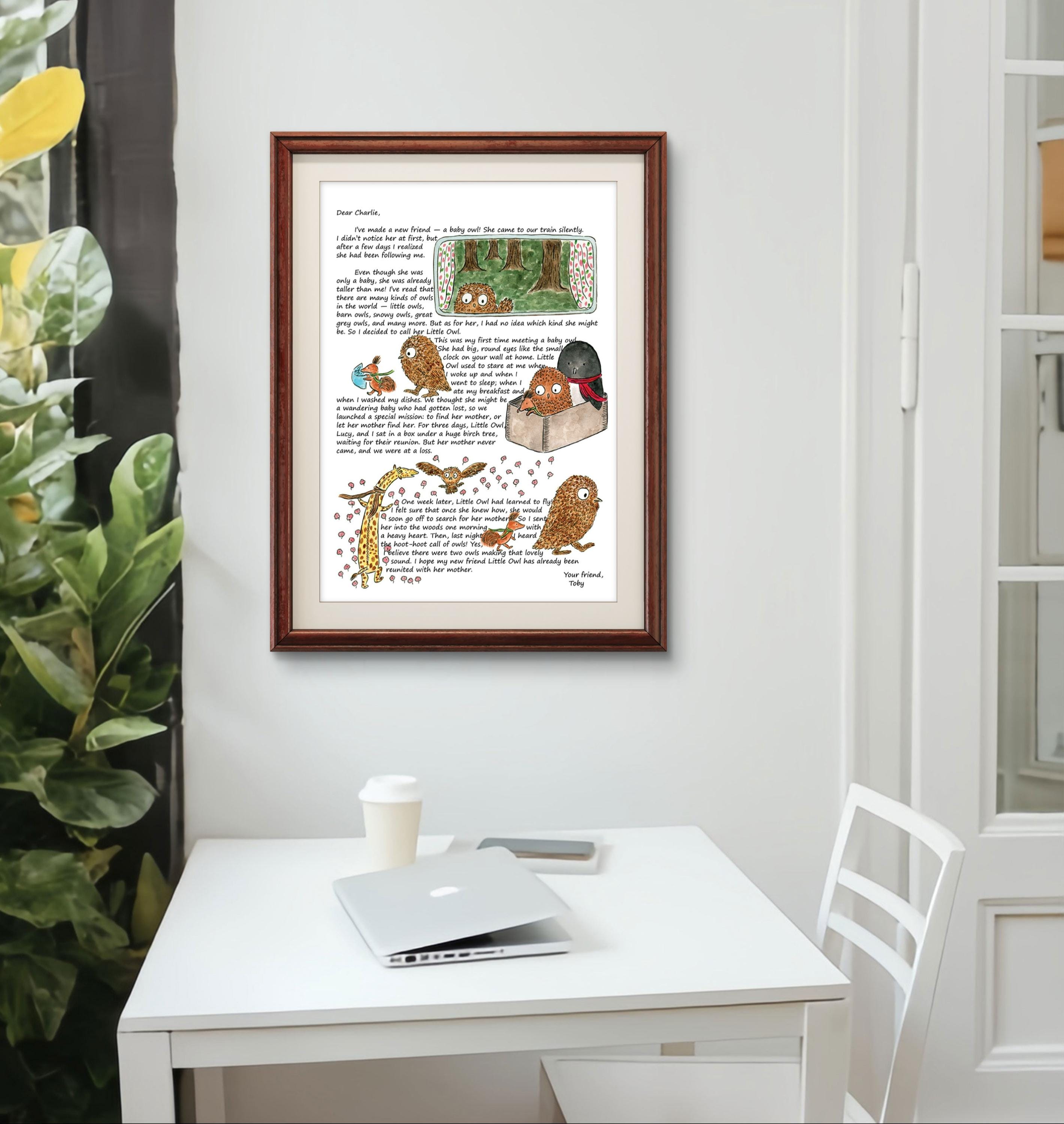 Little Owl Visits Art Print – Letters from Toby the Squirrel No.2 – Illustrated Letter A