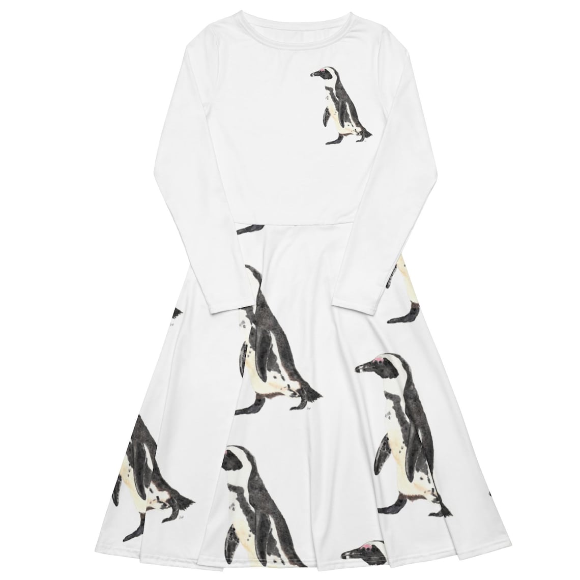 African Penguins Midi Dress — white background, scattered penguins walking