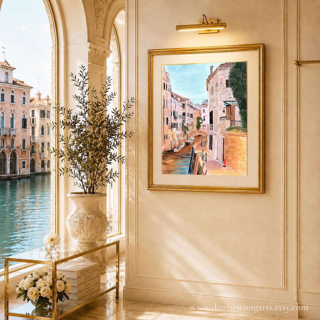 A Quiet Canal in Venice — limited edition watercolour print interior mockup, Denise Wong Arts